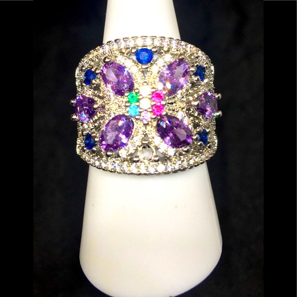 Art Deco Vintage Style Butterfly Sterling Silver Tanzanite & Sapphire Ring - Picture 4 of 6